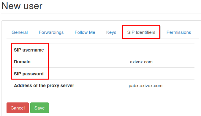 用于 Axivox VoIP 外部配置的重要凭证。