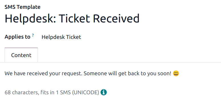 查看 Odoo 服务台中的短信模板设置页面。