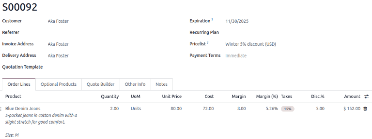 Sales order with margins recalculated based on the price-list adjustment.