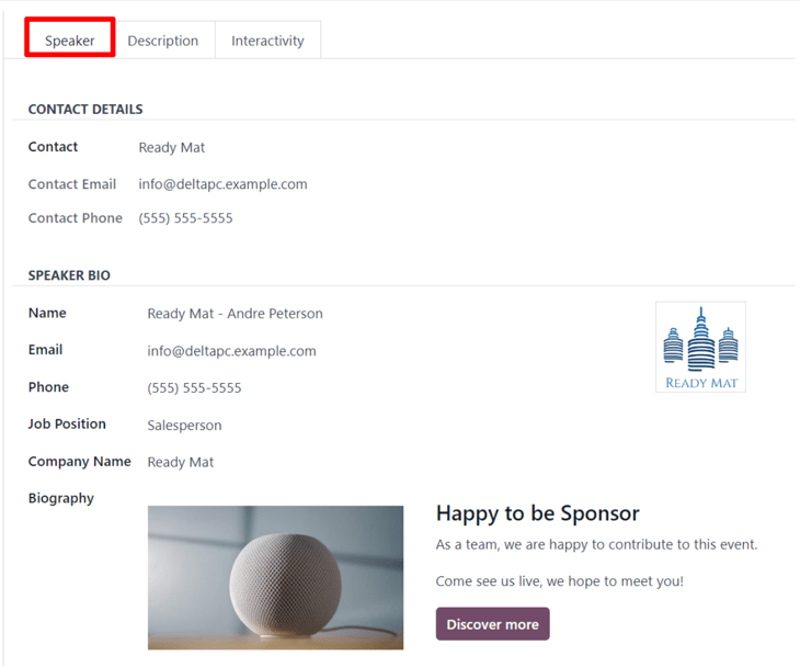 Odoo 活动应用程序中活动追踪表单上的发言人选项卡。