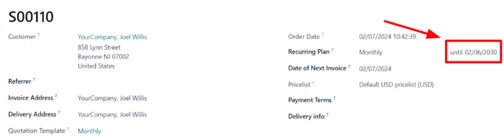 Odoo 订阅中订阅销售订单的到期日期。