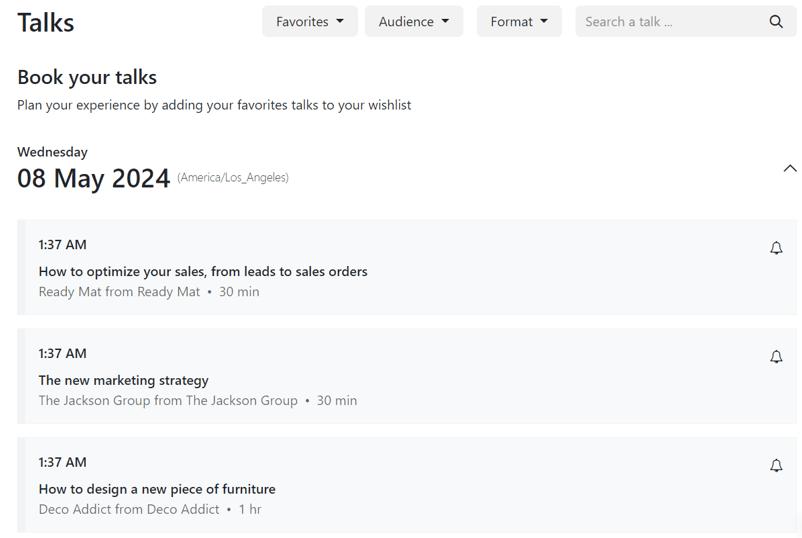 通过 Odoo 活动应用程序建立的活动网站上的演讲页面。