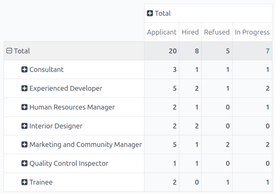 详细的数据透视表视图。