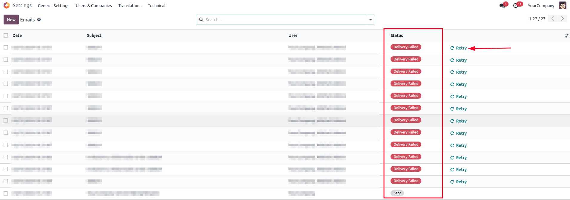 技术电子邮件队列视图示例。