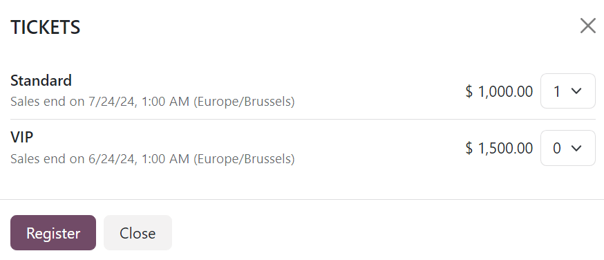 点击 “注册” 后，活动网站上会弹出的门票窗口。