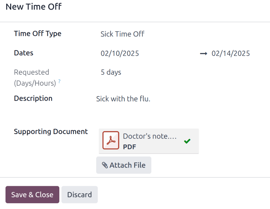一个员工因病假填写的休假请求表单。