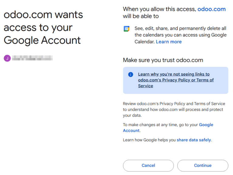 给 Odoo 访问 Google 日历的权限。