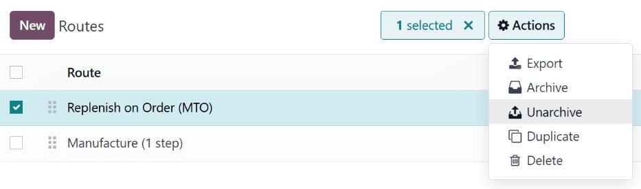 路线页面上的取消归档操作