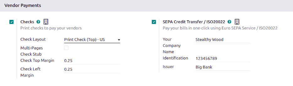 The settings configured for the ISO 20022 in the Accounting app settings page.