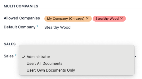 销售应用程序下拉菜单，用于设置用户的权限级别。