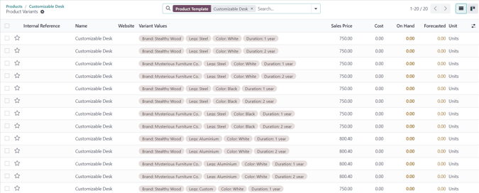 产品变体 页面，可访问通过产品表单的变体智能按钮。