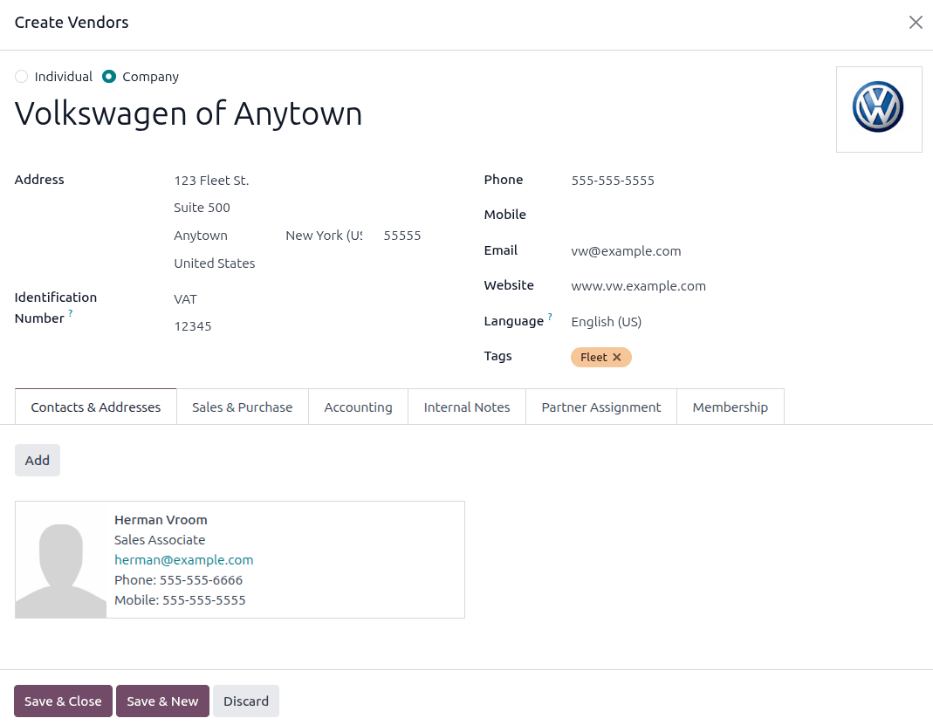添加新供应商时需填写的供应商表格。
