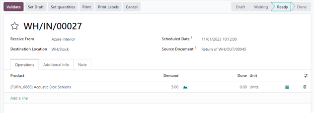 仓库操作，在确认退货后，在销售中。