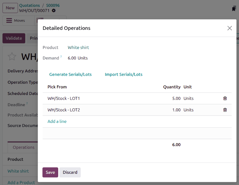 采用先进先出策略为销售订单预留两个批次。