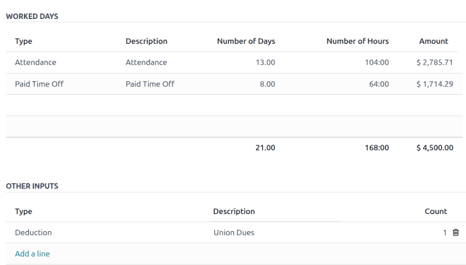 在工作日和输入选项卡中填写的字段。