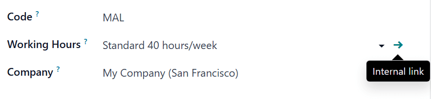 工作中心表格上的工作时间 “外部链接” 按钮。