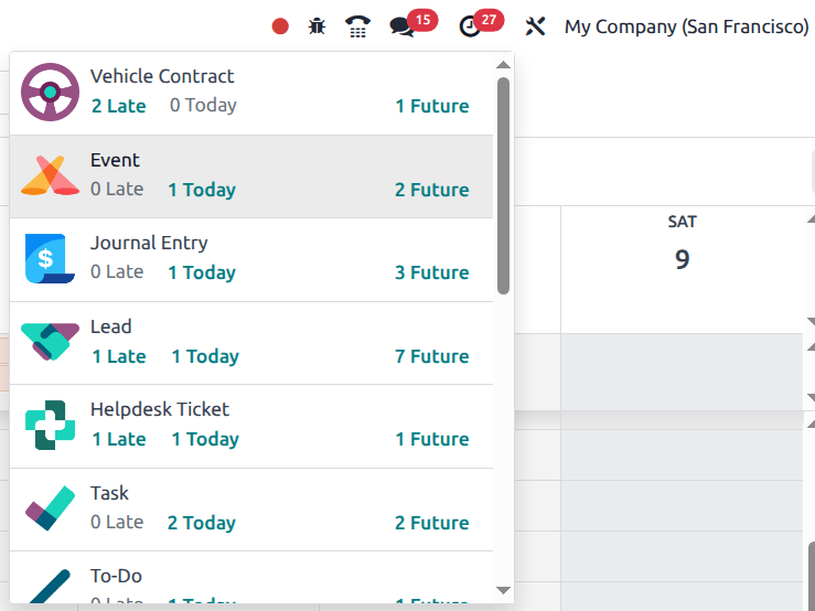The list of activities that is accessed from the main menu bar.