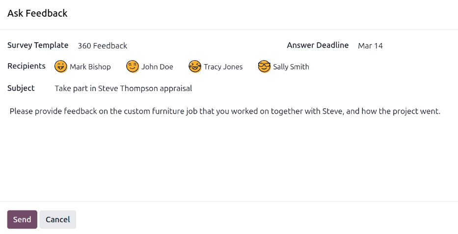 The email pop-up when requesting feedback from other employees.