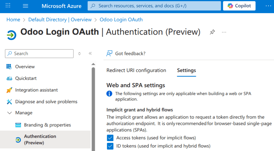 Authentication settings and endpoint tokens.