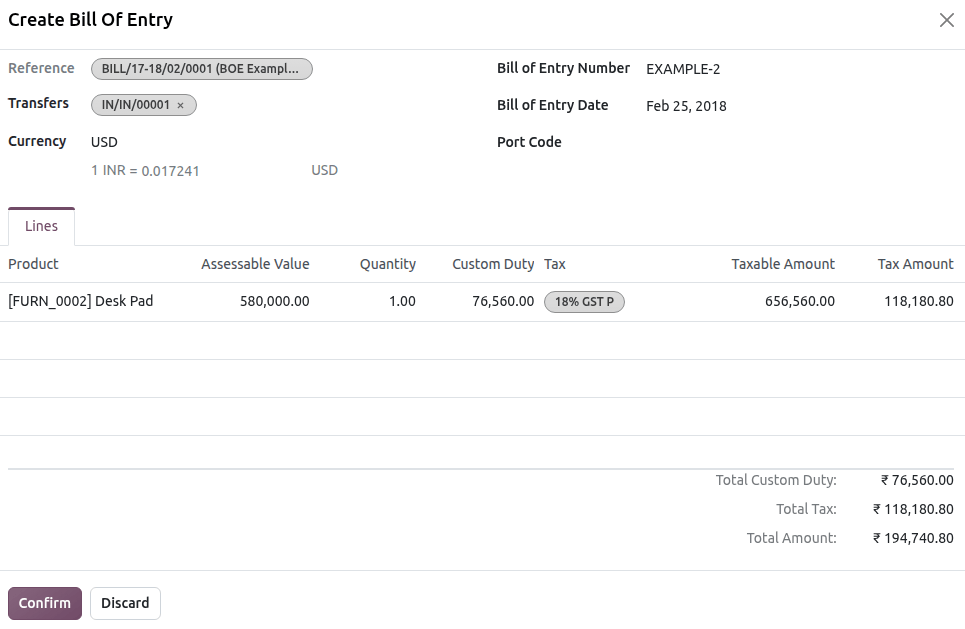 Bill of Entry wizard with an assessable value of ₹5,80,000 and customs duty of ₹76,560.