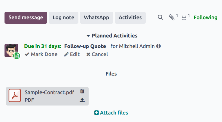 A chatter thread with a file attached and the Attach files button added.
