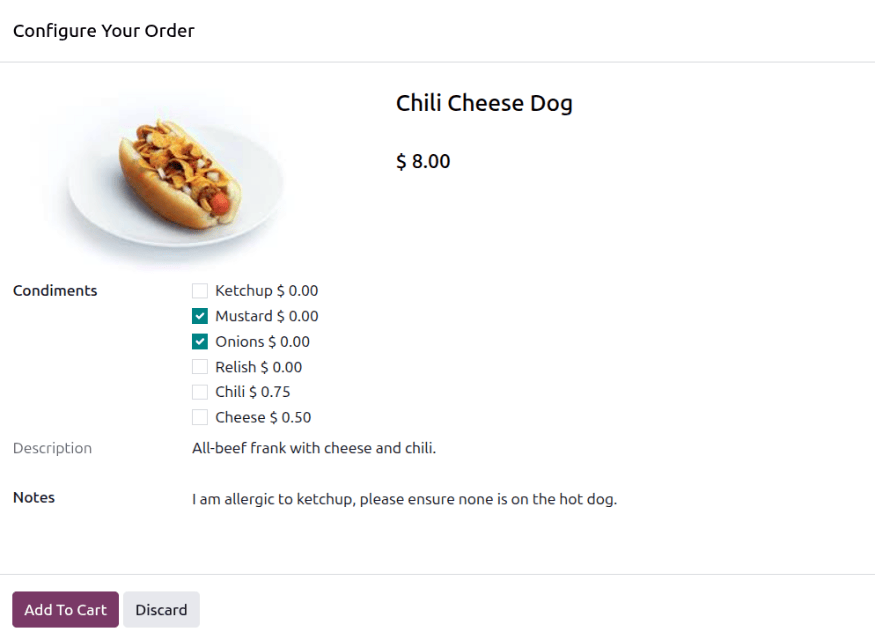 The pop-up window for a personal pizza, with all the extras selected.