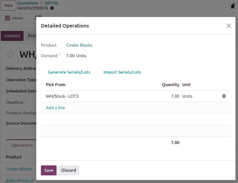 The detailed operations shows which lots are being selected for the picking.