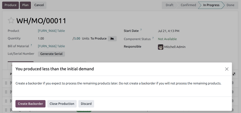 Create Backorder button on the "You produced less than the initial demand" pop-up window.