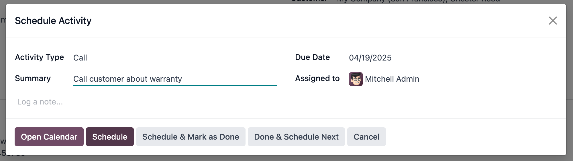 Scheduling a call activity for a support ticket.