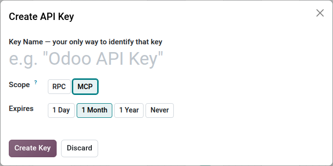 Create New Key pop-up window in Odoo.