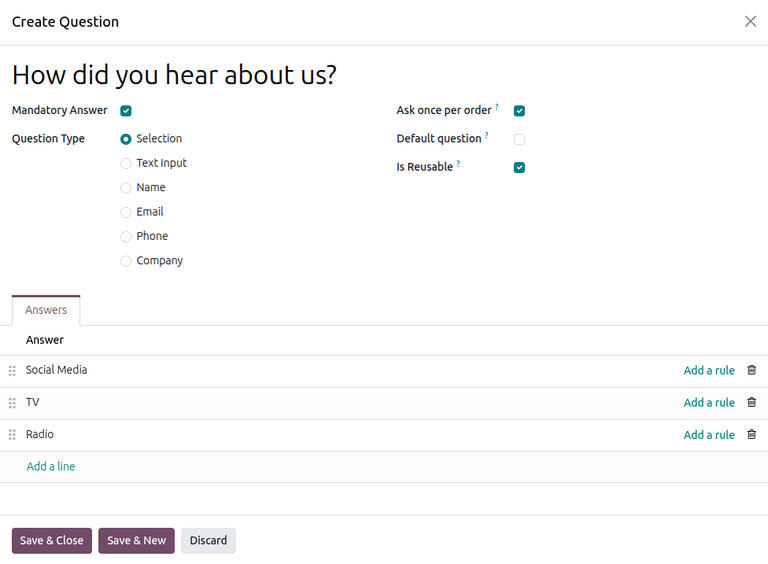 The Create Question pop-up window that appears in the Odoo Events application.