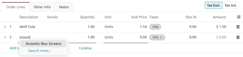 The Description column in a quotation with both a manually added product and the autocomplete open.