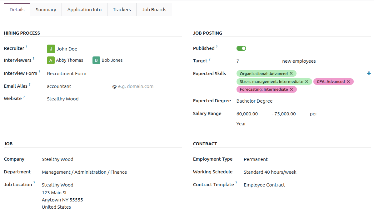 The job information details in the Recruitment tab.