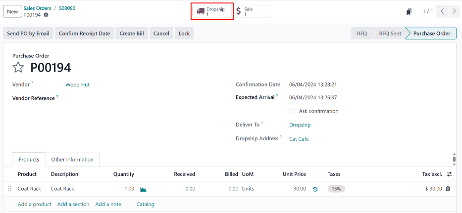 A dropship purchase order with the Receipt smart button in the top-right corner.