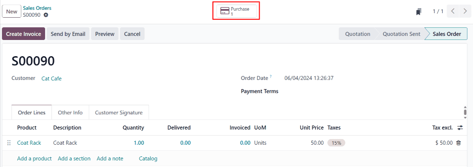 A dropship sales order with the Purchase smart button in the top-right corner.