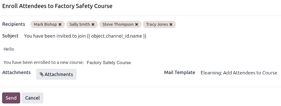 The invitation email to send employees the course.