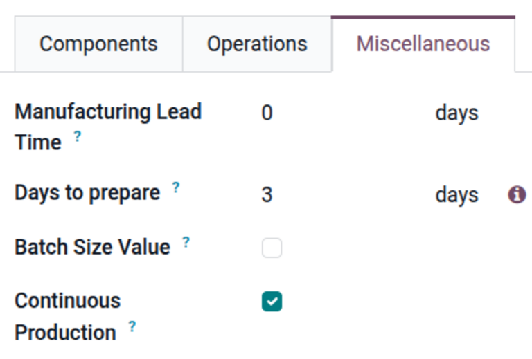 Select the Continuous Production checkbox in the Miscellaneous tab of a BOM.