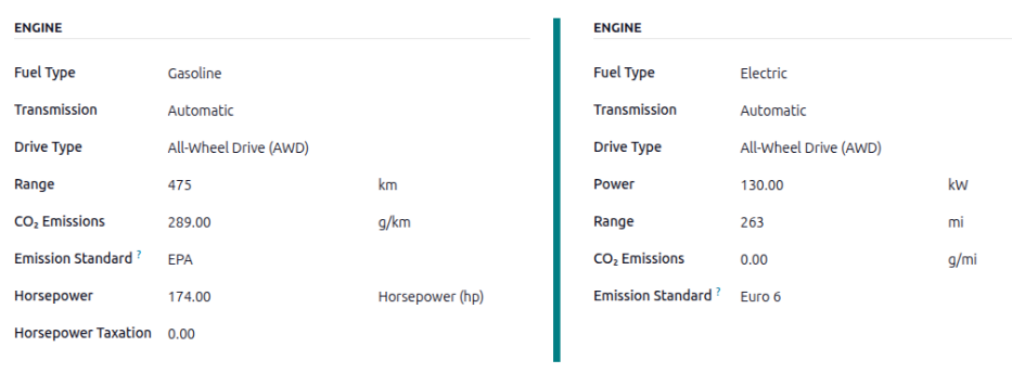 A side-by-side comparison of the Engine section of a form, one gasoline, one electric.