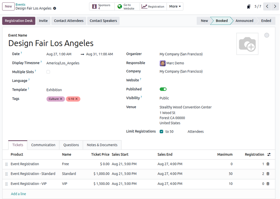 Typical event template in the Odoo Events application.