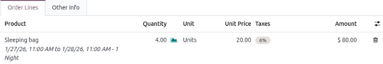 Rental order for four sleeping bags for one night.