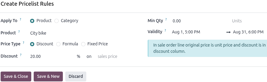 Sample of a rental product with the custom rental pricelist applied.