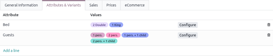 Example of the Attribute & Variants tab configured for a hotel room.