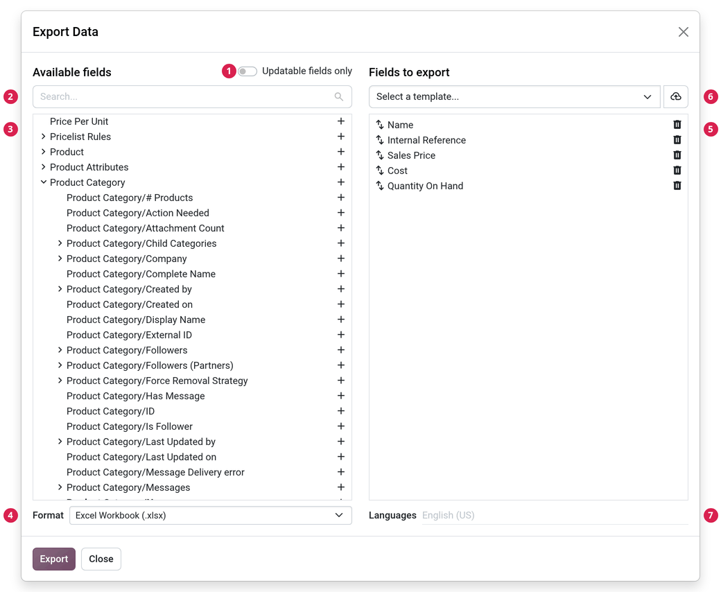 Overview of options to consider when exporting data in Odoo.