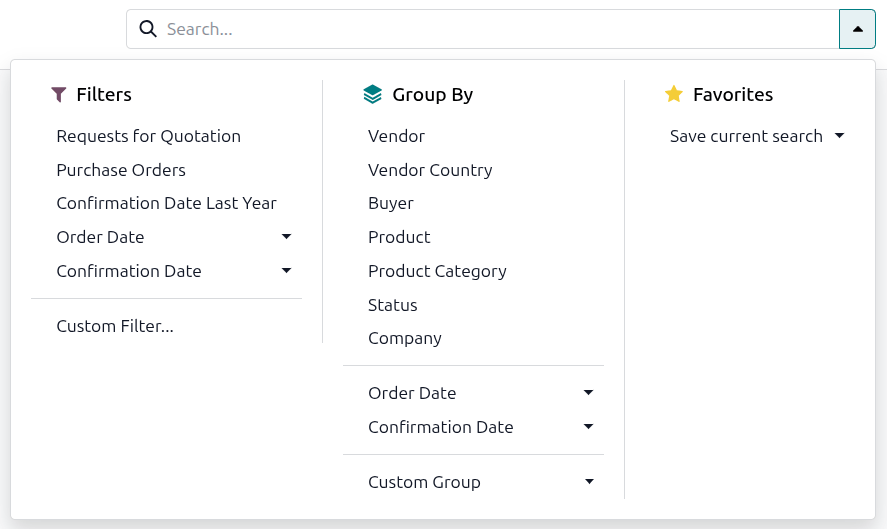The drop-down menu of filters and group by options for the vendor costs report.