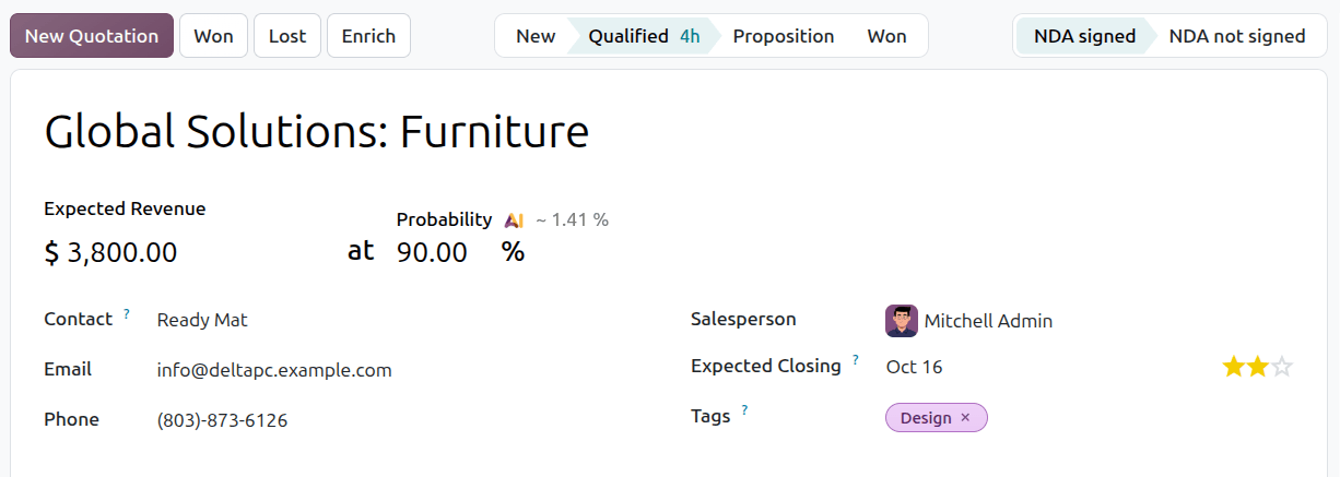 A form view with a second status bar created with two selection values