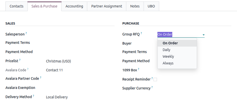 Group RFQ setting on a Contact form.
