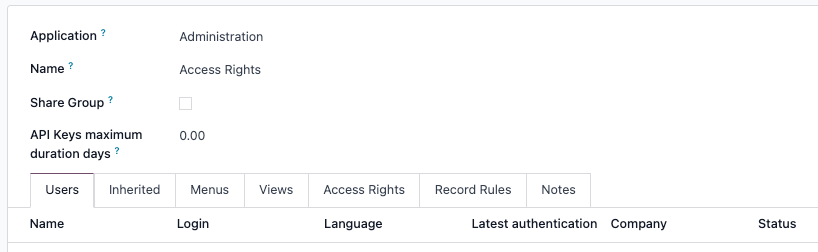 Tabs in the Groups form to modify the settings of the group.