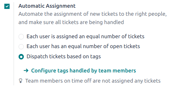 View of a Helpdesk team settings page emphasizing the automatic assignment features in Odoo Helpdesk.