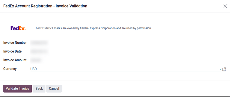 A completed Invoice Validation form.