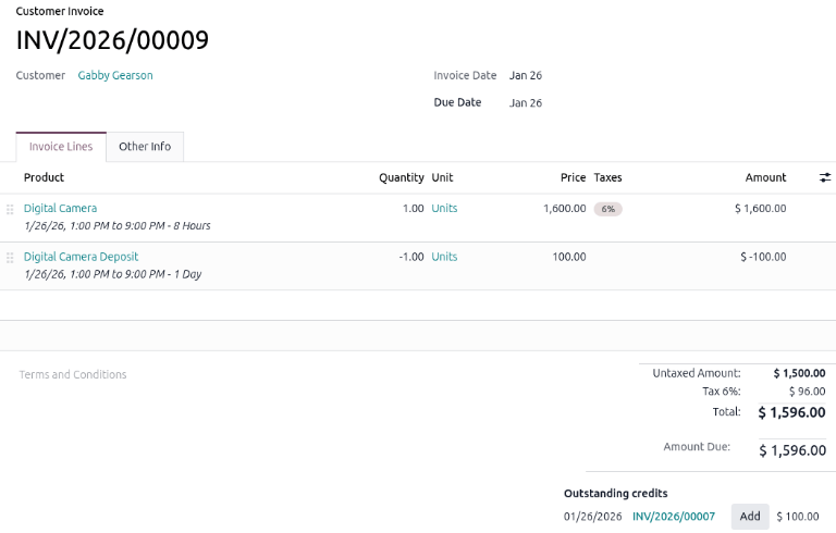 A invoice for a rental order with outstanding credits.